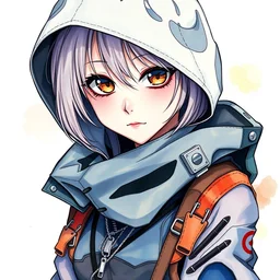 a watercolour manga portrait illustration by sui ishida and alphons mucha of an anime girl highly detailed anime eyes wearing a futuristid ninja suit lots of zippers, pockets, synthetic materials, jumpsuits by issey miyake and balenciaga 8 k