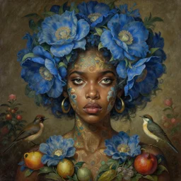 breathtaking detailed concept art painting blend of two afroamerican goddess of light blue flowers by hsiao - ron cheng with anxious piercing eyes, vintage illustration pattern with bizarre compositions blend of flowers and fruits and birds by beto val and john james audubon, exquisite detail, extremely moody lighting, 8 k