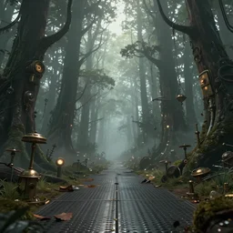 Steampunk Forest, Fog, raytracing, metal floor, 4k, trending on pixiv