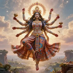 overdetailed maximalist fullbody portrait of a beautiful female energy being reminds to kali with many arms, dancing and transcending to her true form while floating over a surreal landscape. Made by oozium, inspired by luminokaya, overworked by yuvrajimaginaria. 8k 3d realistic render. Bright, sacred, spiritual, dawn, backlit, calm, relaxed, dynamic, ethereal, arcane, intricate, mysterious, dramatic, cinematic. Seen from below. Overpaint in Indian tapestry style