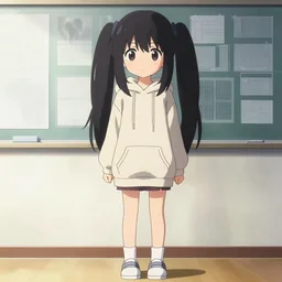 anime visual, portrait of a young black haired girl wearing hoodie on the detailed school background, one person, cute face by yoh yoshinari, katsura masakazu, studio lighting, full body shot, strong silhouette, zoom out, ilya kuvshinov, cel shaded, crisp and sharp, rounded eyes, bright daylight, one person only