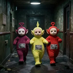 worried teletubbies running in the backrooms, low key, liminal space, uncanny, darkness, urban exploration