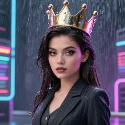 stylish woman cartoon portrait made out of rain, pinstripe suit, shiny metal crown, cyberpunk background, rendered in octane, unreal engine, highly detailed, trending on artstation, realistic, neon, beautiful