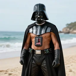 darth vader with abs posing on the beach, masculine photo