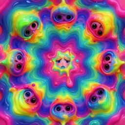 psychedelic colorful kaleidoscope, vibrant, eyes peeking through colorful goo, sadness, anger