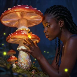 dark skinned woman merging with a mushroom, fireflies, vivid colours, ultra realistic