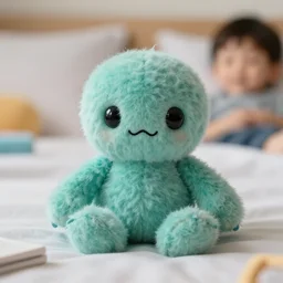 a 105 mm macro image of a very cute fluffy stuffed wool Cthulhu toy sitting on a boy's bed