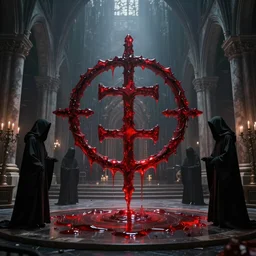 Paranormal Activity In A Futuristic Satanic Chamber In An Abandoned Church In Rome With Black Hooded Characters Around A Dark Pagan Symbol Made of Red Fluid, photorealistic, volumetric lighting, hyperrealistic, octane render, HDR, photorealistic, bokeh