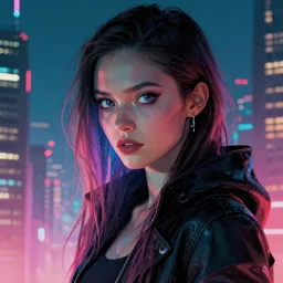 cyberpunk woman with long hair in a metropolis, high detail, curious eyes, blended shading, in the style of artgerm and bob ross and wlop, artstation, half body portrait