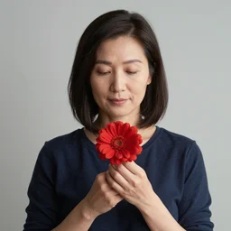 a woman holding a red flower by tim doyle