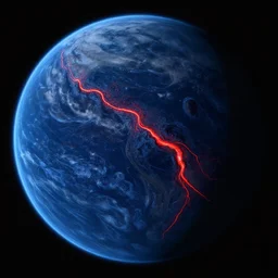 a picture of an alien planet, taken from orbit, dark blue planet, red narrow lava rivers, astrophotography
