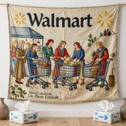 a medieval tapestry of people shopping at walmart, shopping carts, old, tissue, embroidery, handmade, drawings, old english text, professional photography