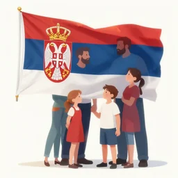 a family burning the serbian flag