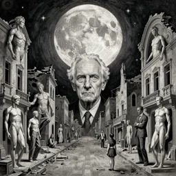 old white - headed man under the huge moon on a street of ruined city by beksinski and takato yamamoto and austin osman spare and edward hopper and mark ryden and tsutomu nihei, very coherent, baroque elements, perfect anatomy, intricate design. surreal art.