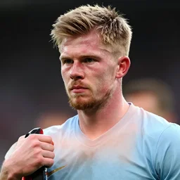 dramatic cinematic artwork close up of Kevin De Bruyne as a warrior wielding a sword, fighting in a battle by Greg Rutkowski, 4k, masterpiece, sun rays