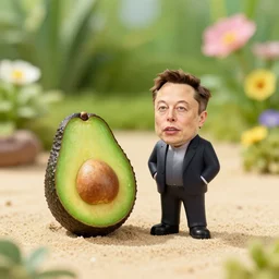 8 5 mm photography of elon musk as an avocado near a garden with sand with dof and bokeh and flowers