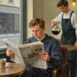 william birkin reading a newspaper at a cafe. a waiter is pouring coffee. painting by edward hopper, 3 d rendering by beeple, 8 k, comfy