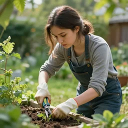 girl is working in garden with pruning shears, artstation greg rutkowski, cinematic, hyperrealist