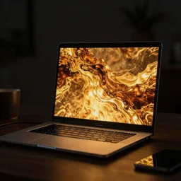 amber laptop glowing in dark room, hd