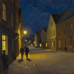 a painting of a city street at night, a matte painting by john atkinson grimshaw, deviantart, german romanticism, impressionism, matte painting, flickering light