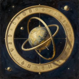 artistic painting of astronomical armillary rings, engraved symbols