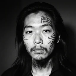 grizzled young chinese woman with tribal face tattoos and facial hair, black & white, richard avedon, 5 0 mm, grainy, low light