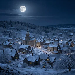 a large medieval village next to a forest at night with the moon in the sky by noah bradley, matte painting, Artstation, snowy