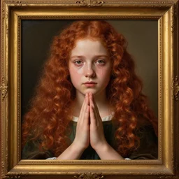 a portrait of a girl with red curly long hair her hands are in front of her face in praying motion, with a pretty frame and a devoted posture, a tear slides down her left cheek while she looks at the viewer, in the style of diego velazquez, extremely detailed, golden ratio, 8 k