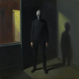 slenderman, lurking in the shadows, mind control, dystopian, pj crook, edward hopper, oil on canvas