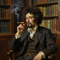 oil painting of revolutionary with afro haircut smoking a cigar in a capitalist's private library room, by neo rauch