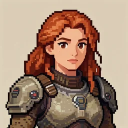 pixelart, a rustic woman wearing futuristic armor, detailed face, redhead, by gutty kreum