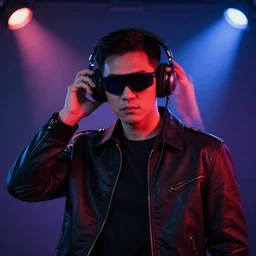 a man, in red and blue spotlights, holds on to the headphones on his head, he wears dark visors, cyber songman, cyberpunk style, portrait, official art