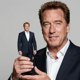 arnold schwarzenegger holding a smaller scale version of an adult arnold schwarzenegger in his hand, both faces visible, hd