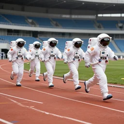 4 astronauts running in their spacesuits in a track meet, stadium shot.