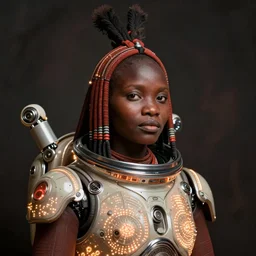 beautiful himba women, otjize, glowing spacesuit, himba hairstyle, led details, robotic arms, hyperrealistic, scifi, concept art, stylized, dark, muted colors