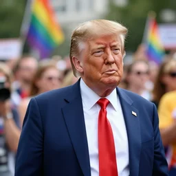 Donald trump representing the Gay Pride community. 4k photograph, 50mm, bokeh
