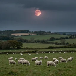 artwork of the cinematic view of a landscape normandy by john howe, de - noise, stormy weather, blood moon, groves, sheep pasture, landscape view, depth of field, trending on artstation, background, nature