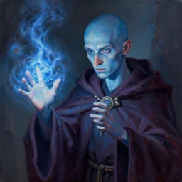 a portrait of a wizard young bald with no beard with blue skin missing his nose, casting a powerful spell, painted by Greg Rutkowski, trending on ArtStation