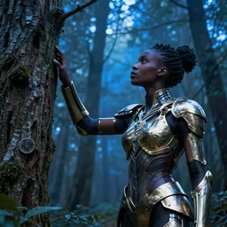 hyperrealistic concept art very beautiful! black woman with detailed exoskeleton armor, touching tree in a forest, brad kunkle elson peter, dramatic blue light low angle hd 8k sharp focus masterpiece