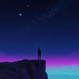 a man standing on a cliff looking at the stars in the sky, a matte painting by alena aenami, unsplash, space art, outrun, synthwave, retrowave
