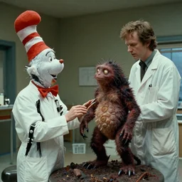 a scientist creates a strange creature, film still from the movie directed by christopher nolan and david cronenberg with art direction by zdzisław beksinski and dr. seuss