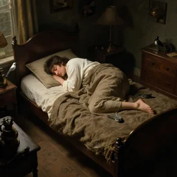 sleeping, birds - eye view, dark cinematic light, furnished retro style room, by john everett millais