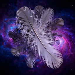 an highly detailed irregular warped fractal of feathers by Liam Wong, background of outer space neon nebulas by Pilar Gogar, 8k hdr octane render
