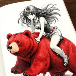 sketchbook girl riding red bear manga, magnificent, close up, details, sharp focus, elegant, highly detailed, illustration, by jordan grimmer and greg rutkowski, intricate, beautiful, trending artstation, pixiv, digital art