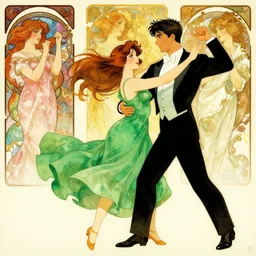 young woman in green dress dancing with tuxedo man, flowing hair, beautiful faces, colorful, excelent composition, wide shot, by yoshitaka amano, by ellen jewett, by greg rutkowski, by alphonse mucha by jeremyg lipkinng, by rhads, by ross tran, artstation, octane render