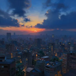 Andreas Rocha painting of a cyberpunk African favela, hazy sunset with dramatic clouds, deep blues, wide angle lens, asymmetrical, trending on Artstation, High quality image