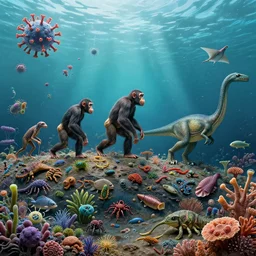 all of evolution as a striking detailed sculpture, evolution, underwater and sky and water and land and space, viruses, humans, bacteria, invertebrates, chimpanzee, neanderthal, dinosaurs, reptiles, fish, mammals, worms, corals, fungi, bacteria, animals, plants, flagellates, arachnids, snails, squid, birds, bivalves