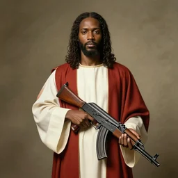 black communist jesus dressed in robes holding an ak - 4 7, photorealistic religious art