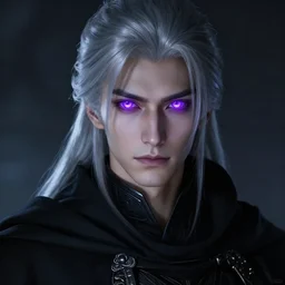 portrait of a young man with glowong purple eyes, silver hair, silver hair, wearing a black cloak, fantasy, highly detailed, cinematic lighting, digital art painting by greg rutkowski
