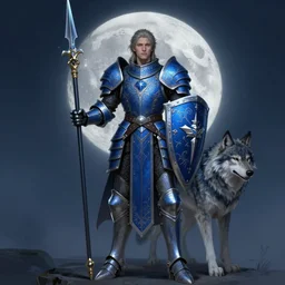 Fantasy Paladin holding a tower shield and a spear, wearing an intricate azure full plated armor, Wolf companion by their side, moonlit, HD, illustration, epic, D&D, fantasy, intricate, elegant, highly detailed, digital painting, artstation, concept art, smooth, sharp focus, illustration, art by artgerm and greg rutkowski and alphonse mucha